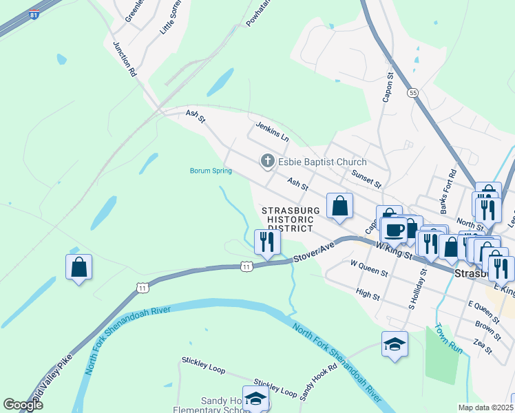 map of restaurants, bars, coffee shops, grocery stores, and more near 595 Orchard Street in Strasburg