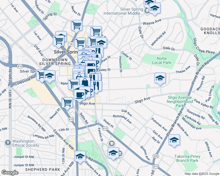 map of restaurants, bars, coffee shops, grocery stores, and more near 761 Silver Spring Avenue in Silver Spring