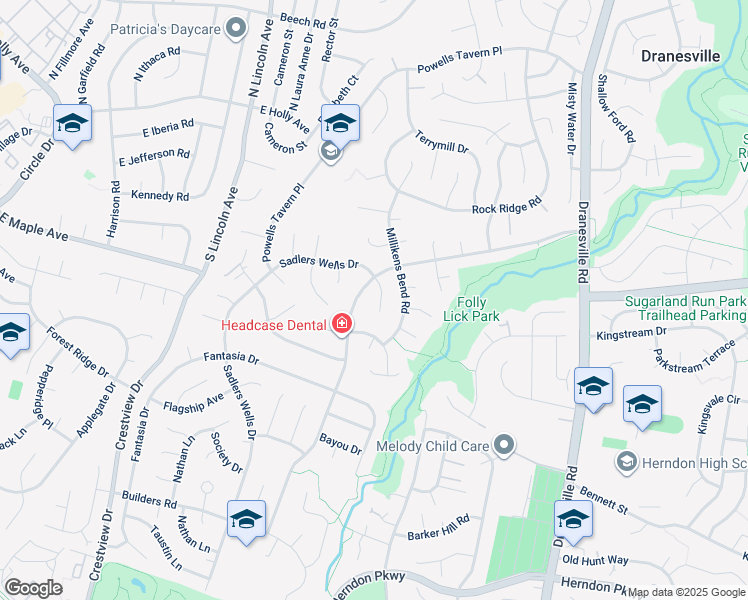 map of restaurants, bars, coffee shops, grocery stores, and more near 1407 Sadlers Wells Drive in Herndon