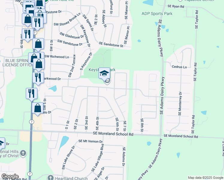 map of restaurants, bars, coffee shops, grocery stores, and more near 701 Southeast Shamrock Lane in Blue Springs