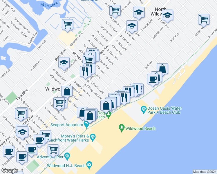 map of restaurants, bars, coffee shops, grocery stores, and more near 2601 Atlantic Avenue in Wildwood