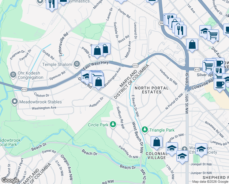 map of restaurants, bars, coffee shops, grocery stores, and more near 2111 Derby Ridge Lane in Silver Spring