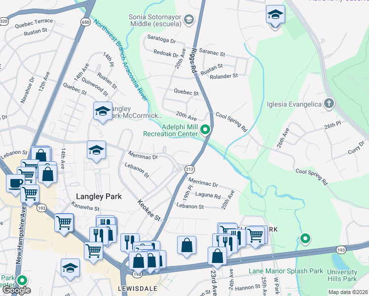 map of restaurants, bars, coffee shops, grocery stores, and more near 8212 18th Avenue in Hyattsville