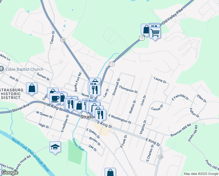 map of restaurants, bars, coffee shops, grocery stores, and more near 340 Lee Street in Strasburg