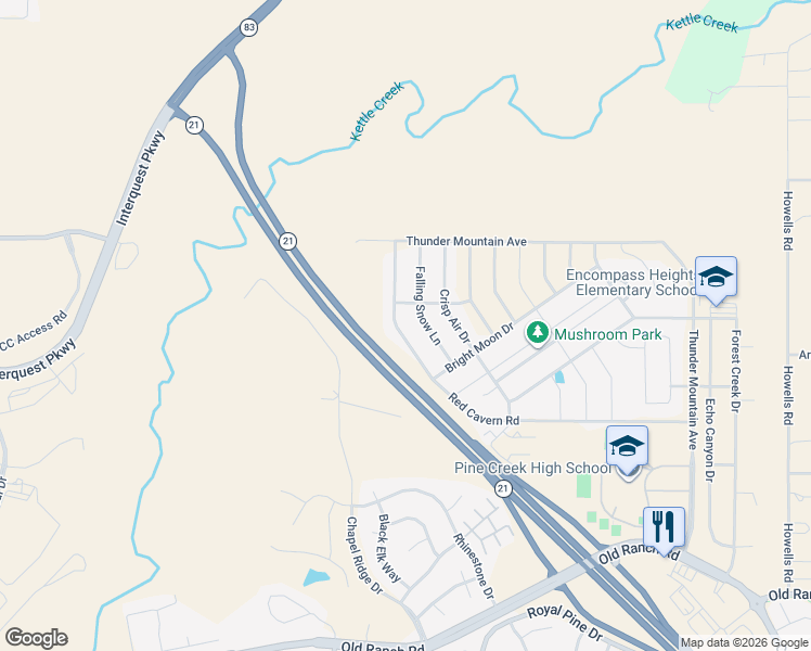 map of restaurants, bars, coffee shops, grocery stores, and more near 3242 Red Cavern Road in Colorado Springs