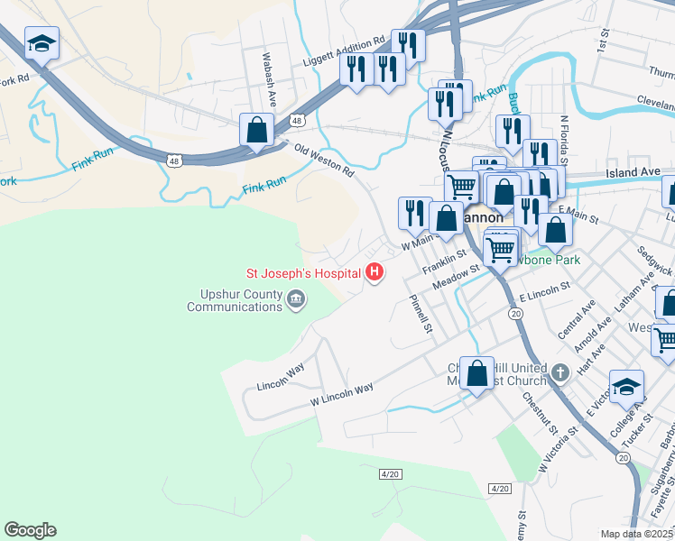 map of restaurants, bars, coffee shops, grocery stores, and more near 29 Cannon Ave in Buckhannon
