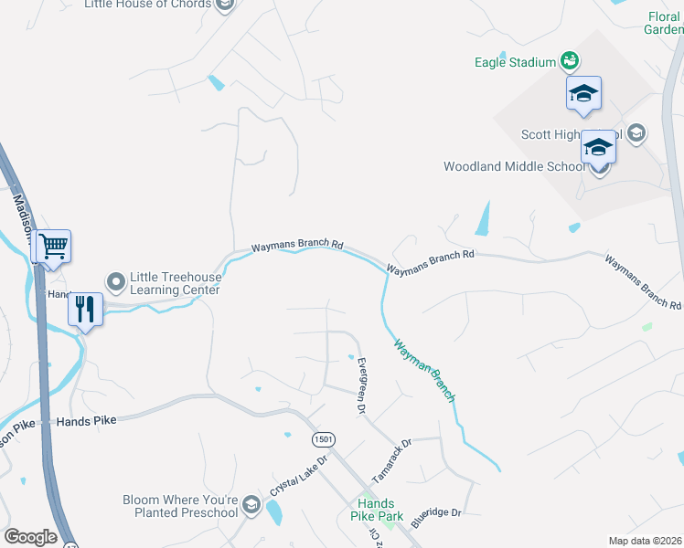 map of restaurants, bars, coffee shops, grocery stores, and more near 2571 Waymans Branch Road in Fort Mitchell