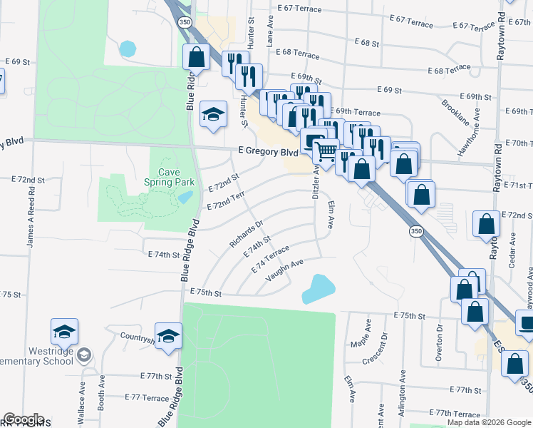 map of restaurants, bars, coffee shops, grocery stores, and more near 9023 East 73rd Street in Raytown