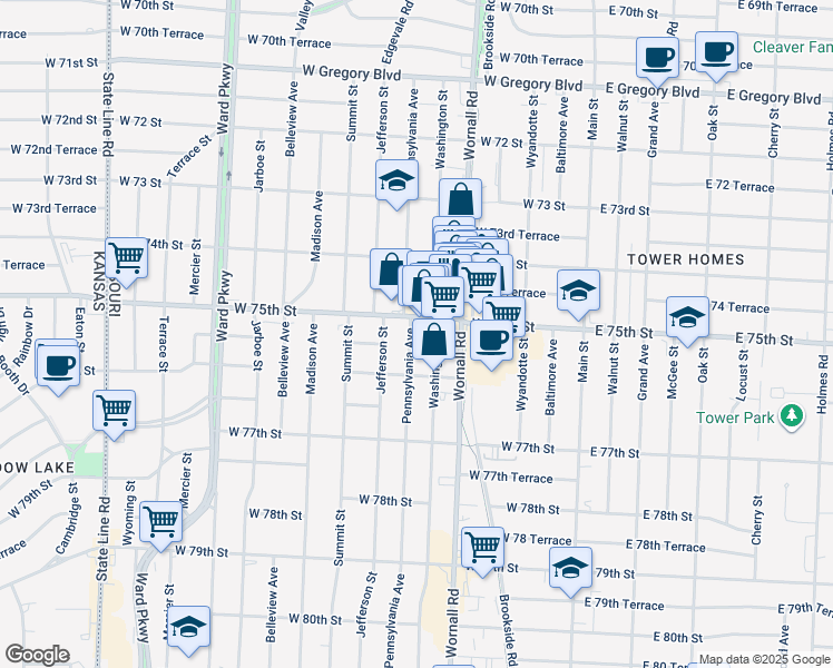 map of restaurants, bars, coffee shops, grocery stores, and more near 520W West 75th Street in Kansas City