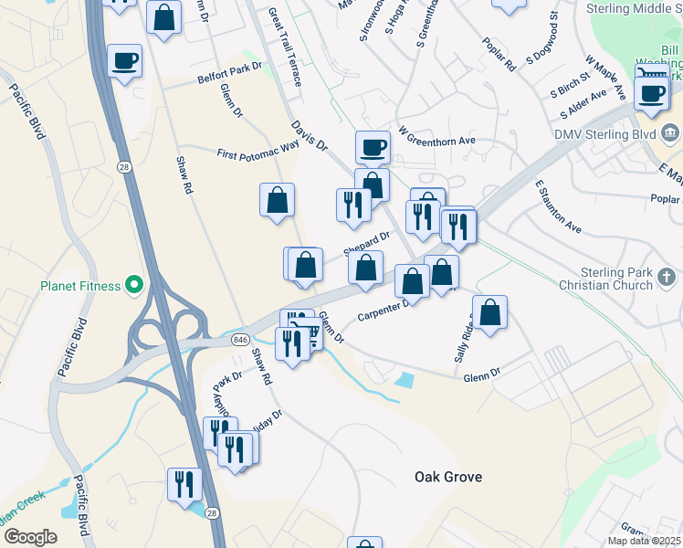 map of restaurants, bars, coffee shops, grocery stores, and more near 45577 Shepard Drive in Sterling