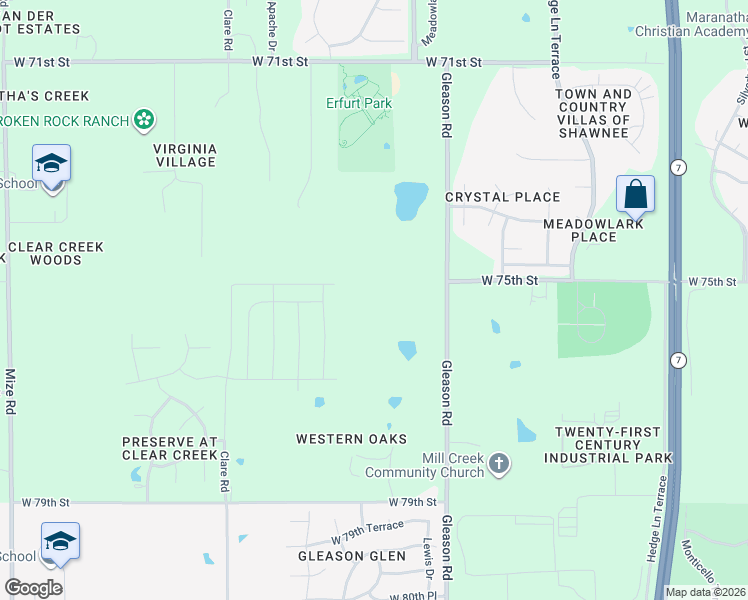map of restaurants, bars, coffee shops, grocery stores, and more near 7600 Gleason Road in Shawnee