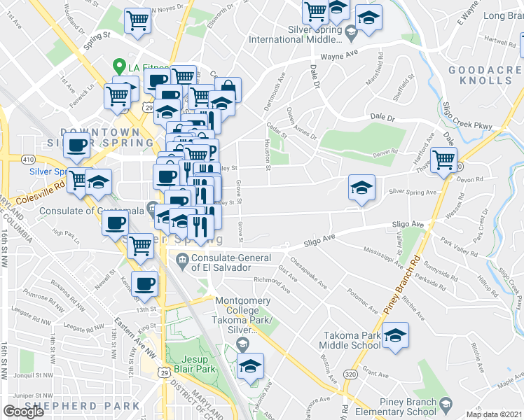 map of restaurants, bars, coffee shops, grocery stores, and more near 747 Silver Spring Avenue in Silver Spring