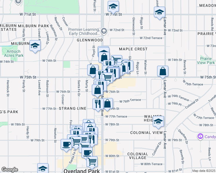 map of restaurants, bars, coffee shops, grocery stores, and more near 7525 Metcalf Avenue in Overland Park