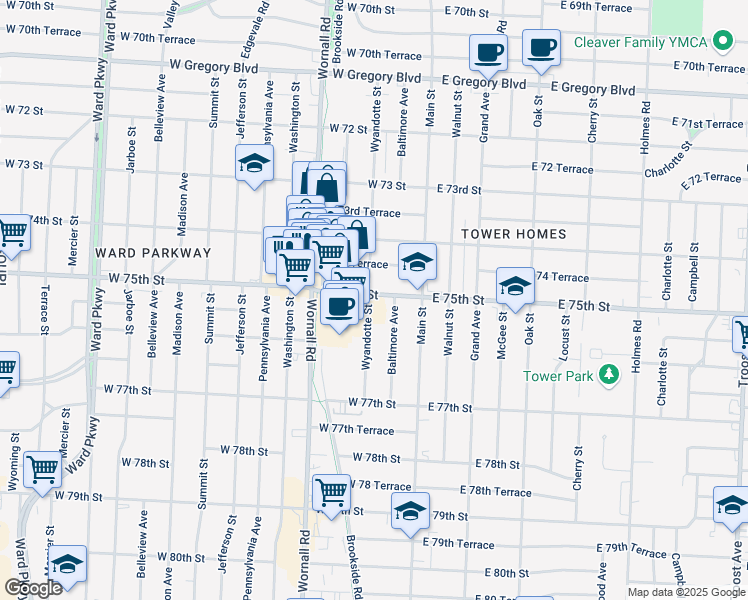 map of restaurants, bars, coffee shops, grocery stores, and more near 126 West 75th Street in Kansas City