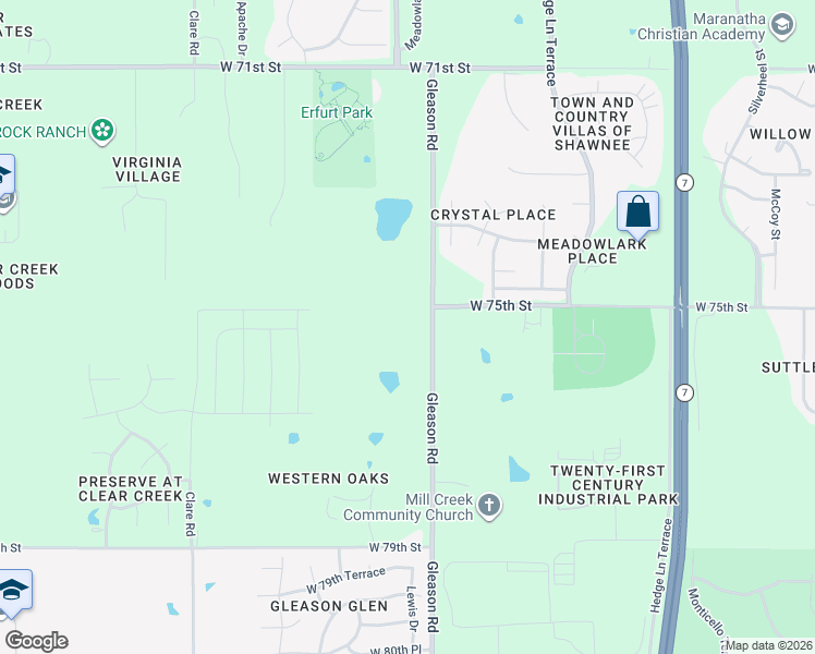 map of restaurants, bars, coffee shops, grocery stores, and more near 7500 Gleason Road in Shawnee