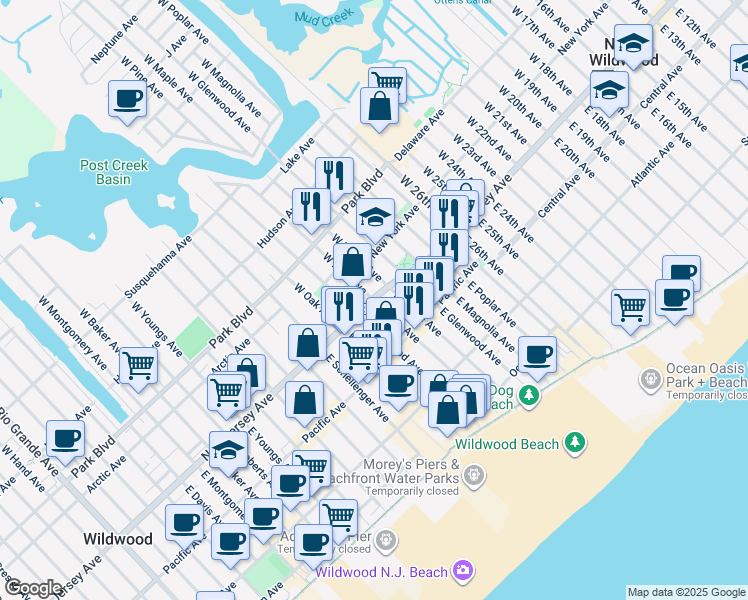 map of restaurants, bars, coffee shops, grocery stores, and more near 101 East Pine Avenue in Wildwood
