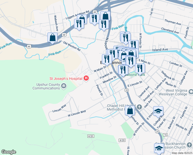 map of restaurants, bars, coffee shops, grocery stores, and more near 162 Amalia Drive in Buckhannon