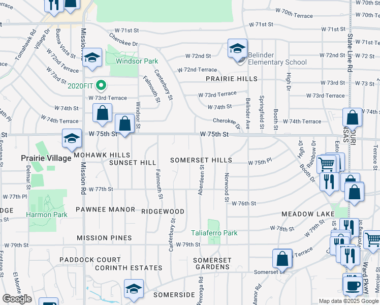 map of restaurants, bars, coffee shops, grocery stores, and more near 3101 West 75th Street in Prairie Village