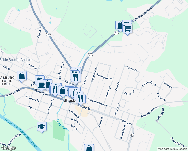 map of restaurants, bars, coffee shops, grocery stores, and more near 364 Stonewall Street in Strasburg
