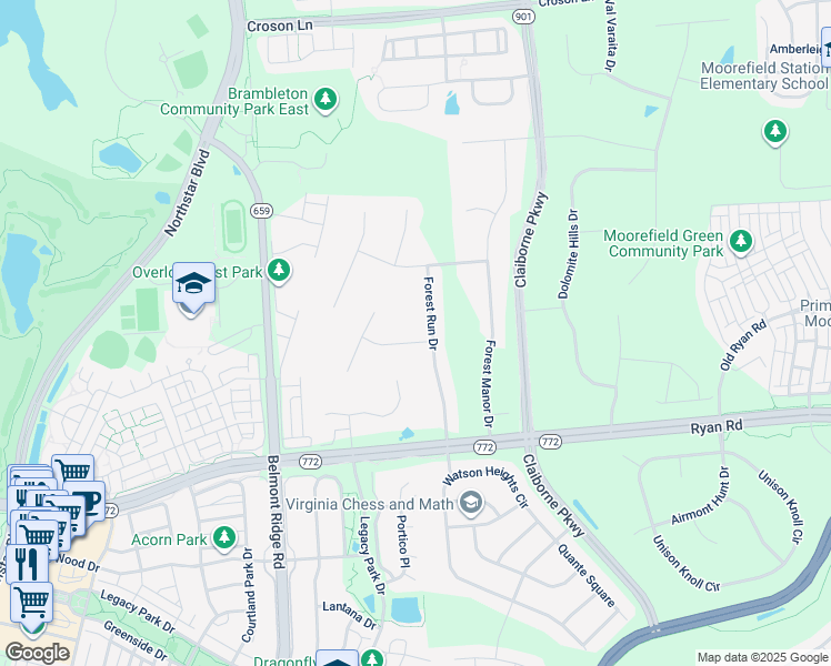 map of restaurants, bars, coffee shops, grocery stores, and more near 42762 Forest Crest Court in Ashburn