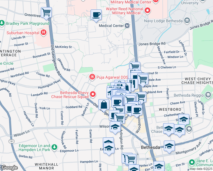 map of restaurants, bars, coffee shops, grocery stores, and more near 4970 Battery Lane in Bethesda