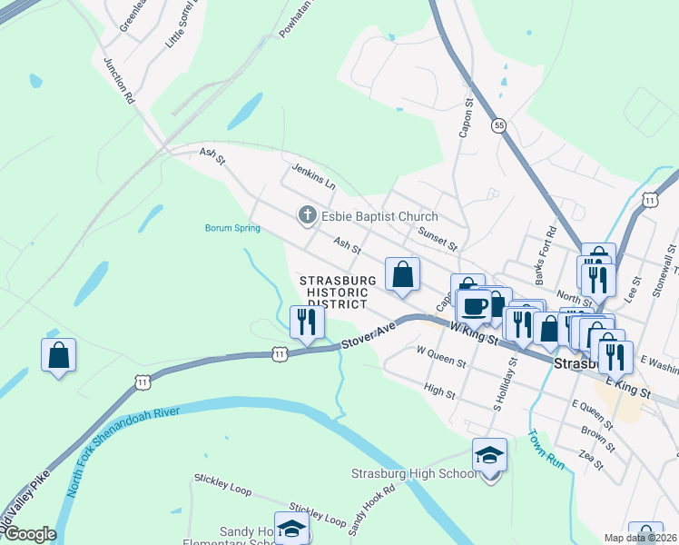 map of restaurants, bars, coffee shops, grocery stores, and more near 538 West King Street in Strasburg