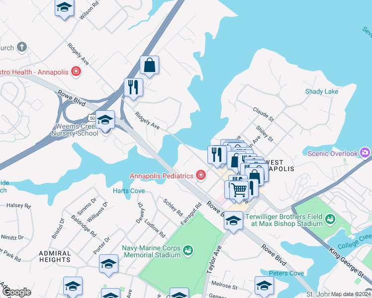map of restaurants, bars, coffee shops, grocery stores, and more near 411 Ridgely Avenue in Annapolis