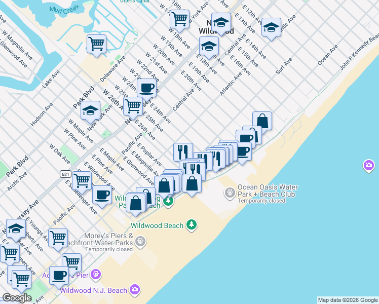 map of restaurants, bars, coffee shops, grocery stores, and more near 202 East 24th Avenue in North Wildwood