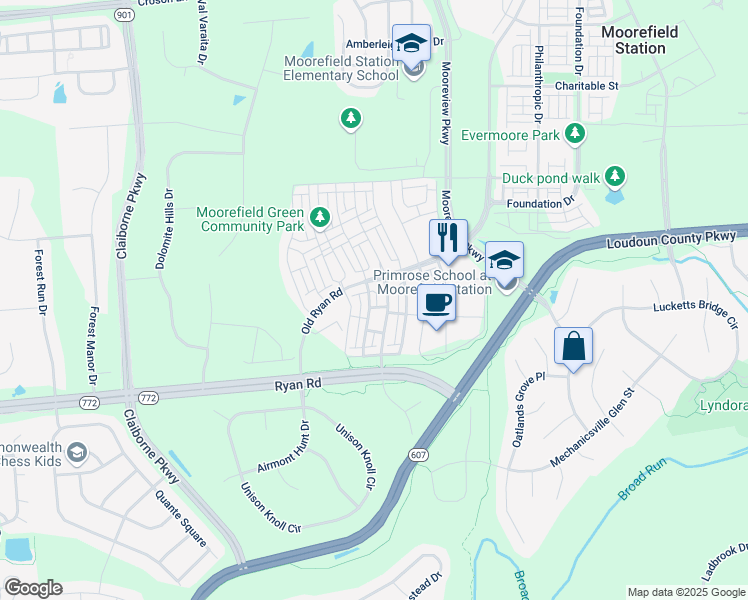 map of restaurants, bars, coffee shops, grocery stores, and more near 22586 Cambridgeport Square in Ashburn
