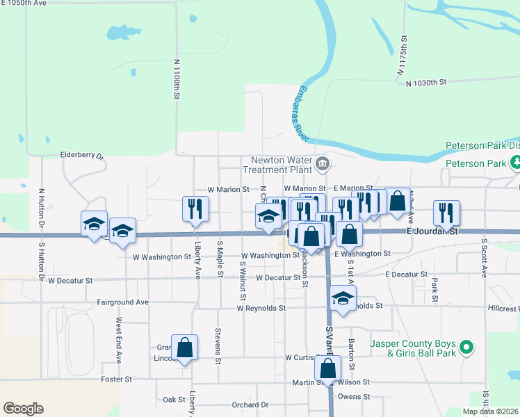 map of restaurants, bars, coffee shops, grocery stores, and more near 201 North Church Street in Newton