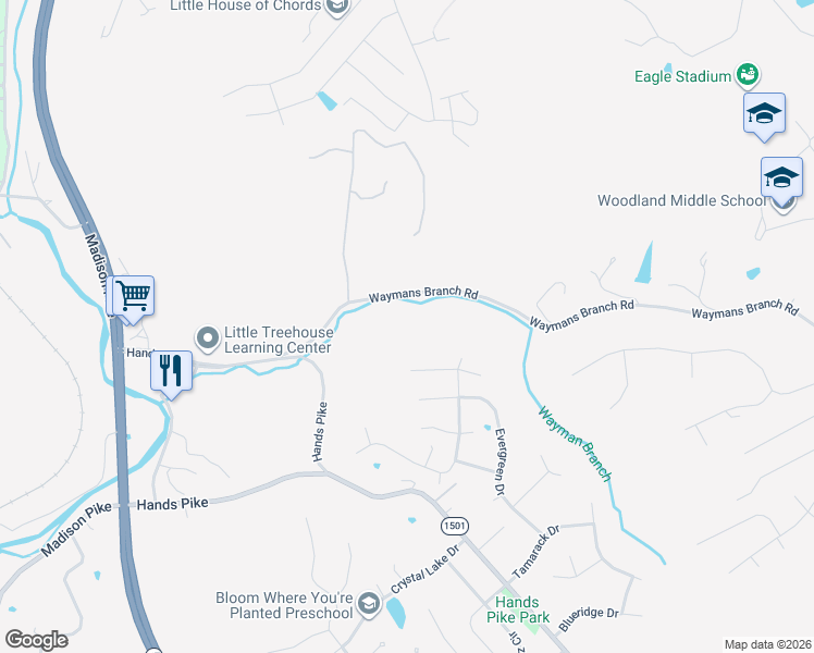 map of restaurants, bars, coffee shops, grocery stores, and more near 2415 Waymans Branch Road in Covington