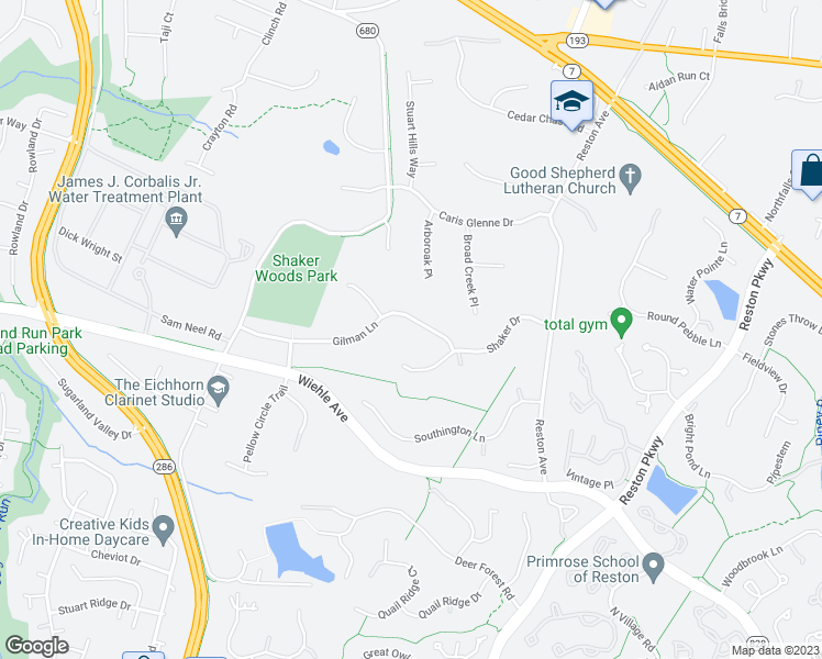 map of restaurants, bars, coffee shops, grocery stores, and more near 11657 Gilman Lane in Herndon