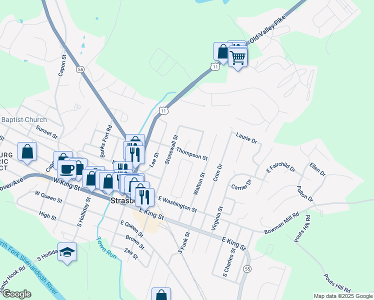 map of restaurants, bars, coffee shops, grocery stores, and more near 523 Thompson Street in Strasburg