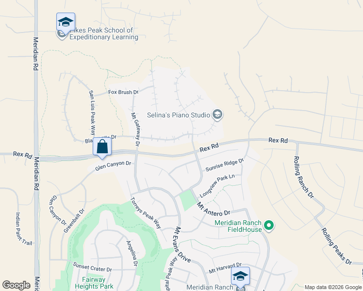 map of restaurants, bars, coffee shops, grocery stores, and more near 12455 Black Hills Drive in Peyton