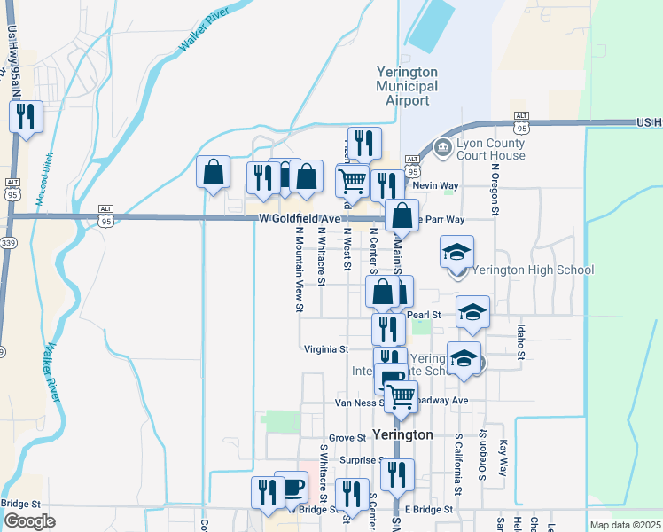map of restaurants, bars, coffee shops, grocery stores, and more near 329 North West Street in Yerington