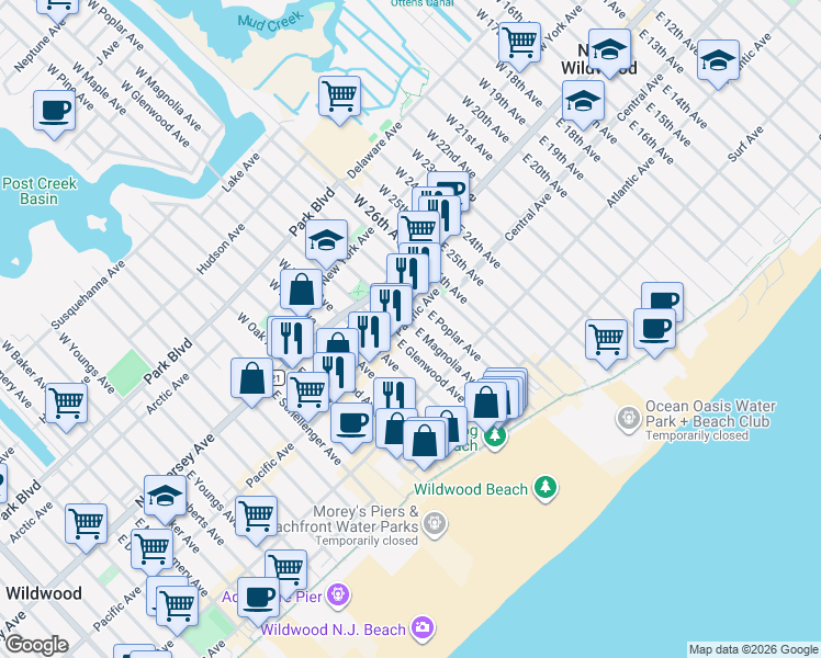 map of restaurants, bars, coffee shops, grocery stores, and more near 2900 Pacific Avenue in Wildwood