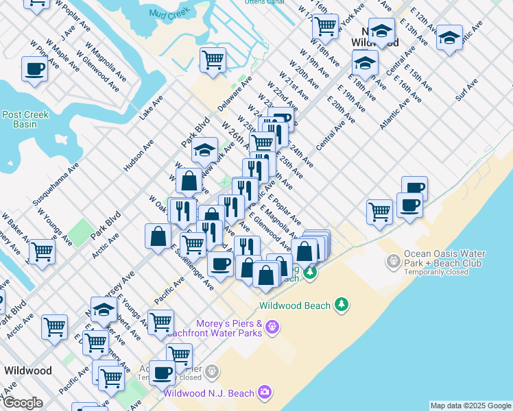 map of restaurants, bars, coffee shops, grocery stores, and more near 2900 Pacific Avenue in Wildwood