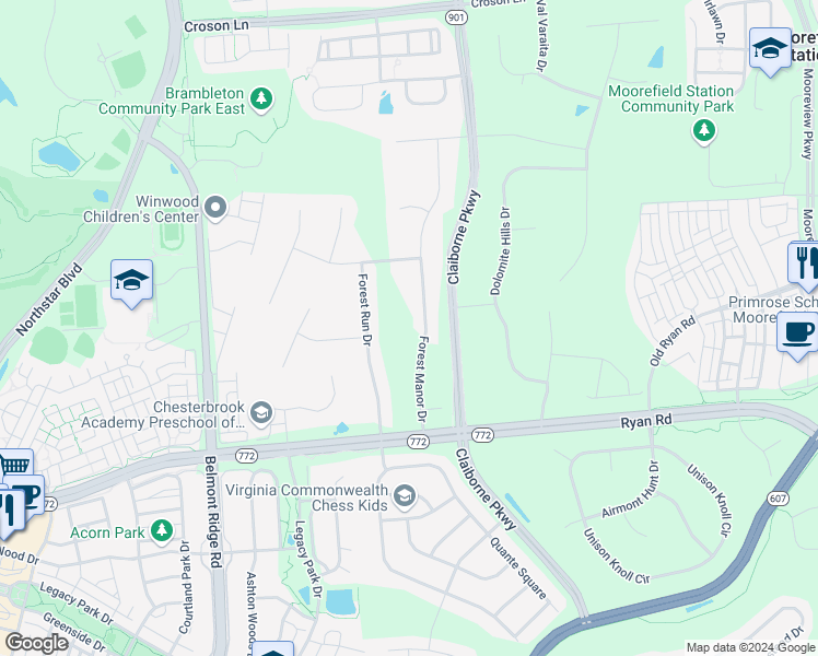 map of restaurants, bars, coffee shops, grocery stores, and more near 22250 Rivanna Shore Terrace in Ashburn