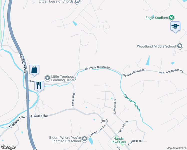 map of restaurants, bars, coffee shops, grocery stores, and more near 2415 Waymans Branch Road in Covington