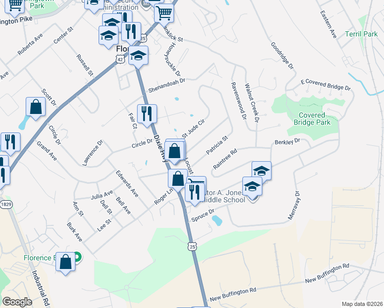 map of restaurants, bars, coffee shops, grocery stores, and more near 11 Saint Jude Circle in Florence