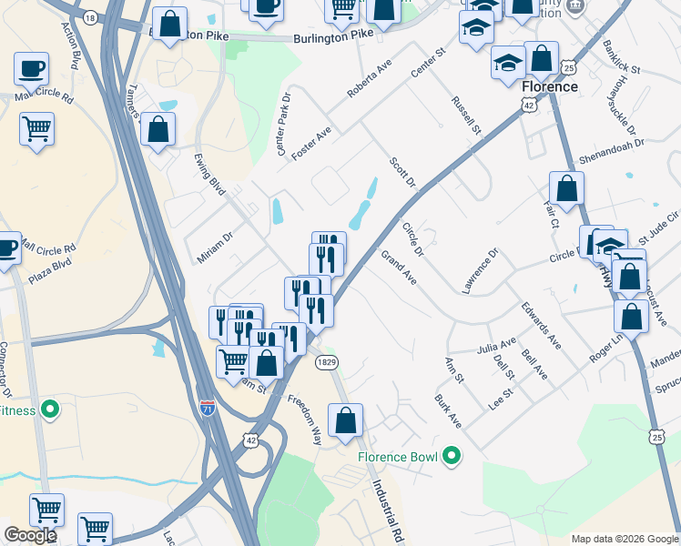 map of restaurants, bars, coffee shops, grocery stores, and more near 7700 U.S. 42 in Florence