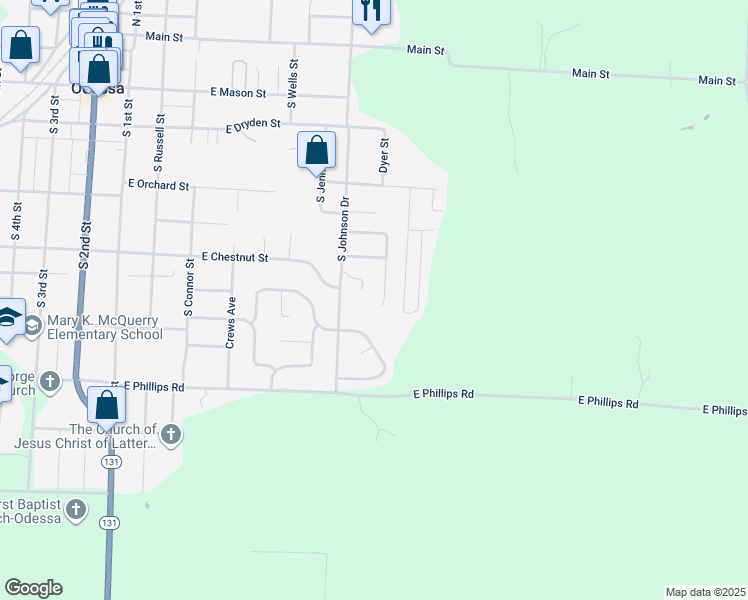 map of restaurants, bars, coffee shops, grocery stores, and more near 516 South Johnson Drive in Odessa