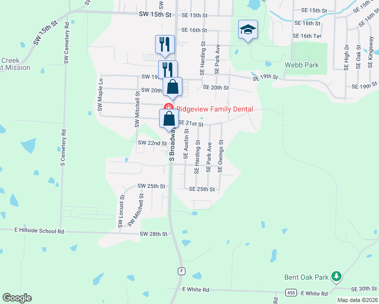 map of restaurants, bars, coffee shops, grocery stores, and more near 2204 Harding Street in Oak Grove