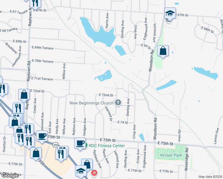 map of restaurants, bars, coffee shops, grocery stores, and more near 11000 East 71st Terrace in Raytown