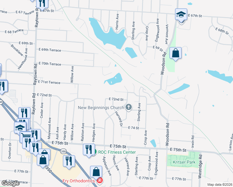 map of restaurants, bars, coffee shops, grocery stores, and more near 10901 East 71st Terrace in Raytown