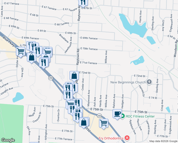 map of restaurants, bars, coffee shops, grocery stores, and more near 10108 East 72nd Street in Raytown