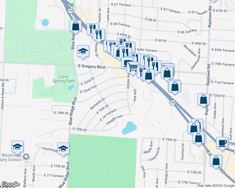 map of restaurants, bars, coffee shops, grocery stores, and more near 9120 Richards Drive in Raytown