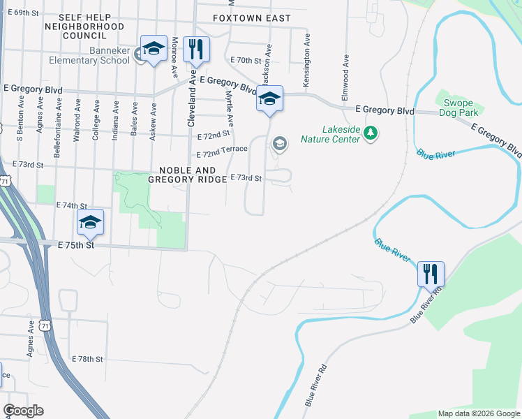 map of restaurants, bars, coffee shops, grocery stores, and more near 7336 Jackson Avenue in Kansas City