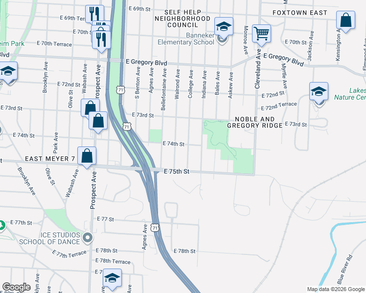 map of restaurants, bars, coffee shops, grocery stores, and more near 7344 College Avenue in Kansas City