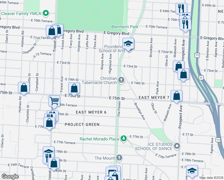 map of restaurants, bars, coffee shops, grocery stores, and more near 7415 Highland Avenue in Kansas City